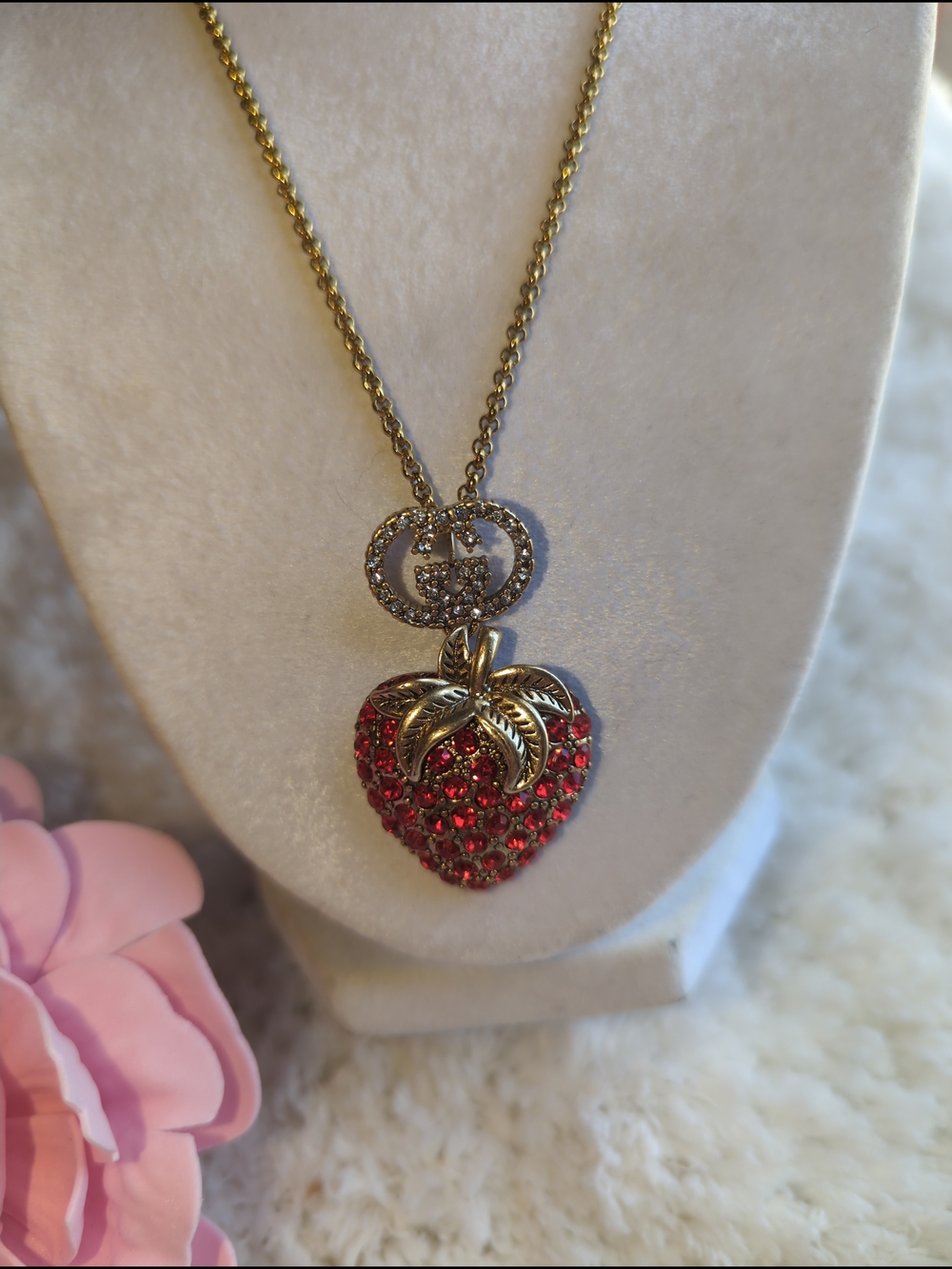 Gucci Authentic Gold-Tone Strawberry Pendant Necklace with Red Crystals + Chain
